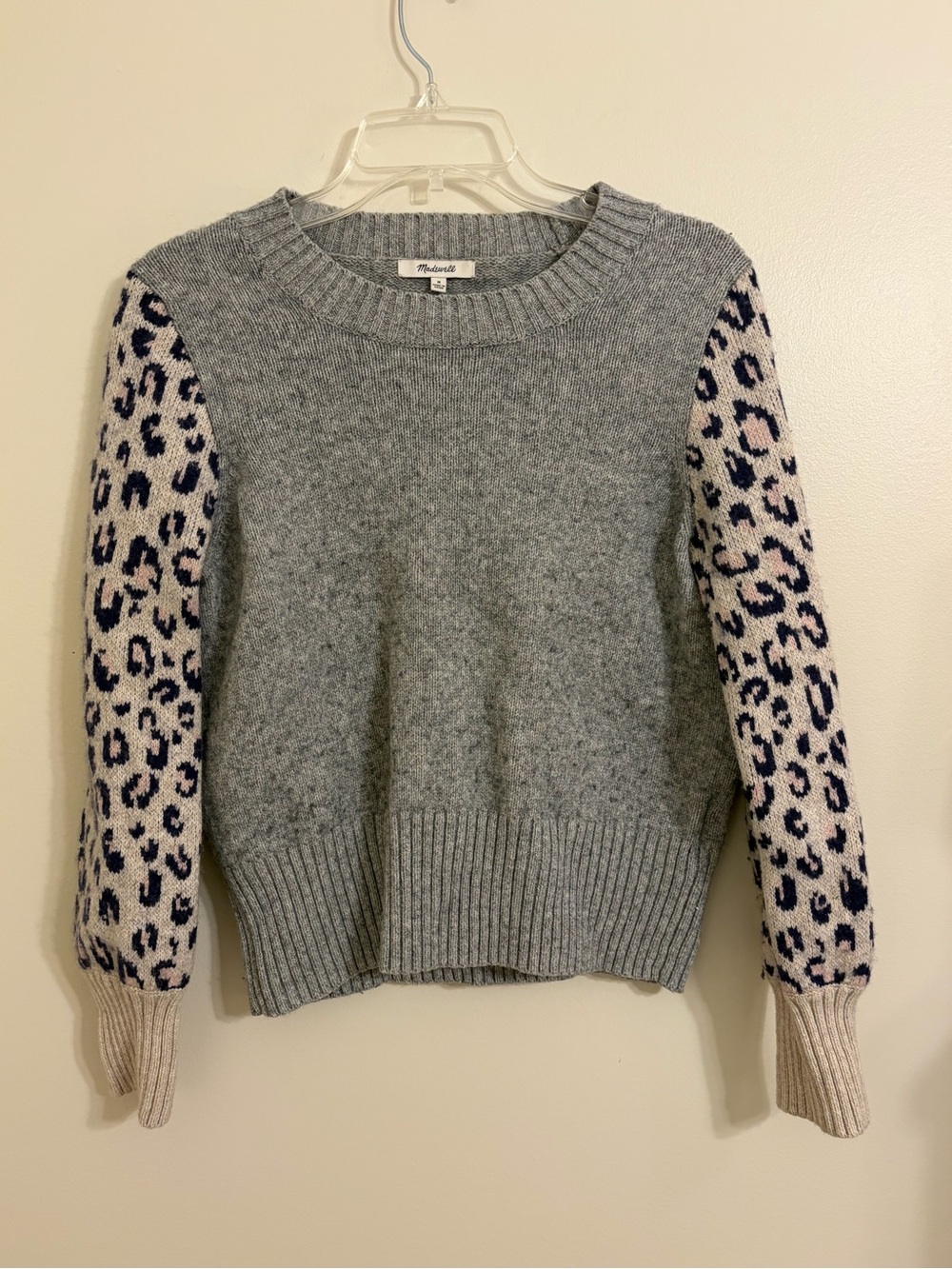 Madewell | Heather Gray Wool Blend Crewneck Sweater with Leopard-Print Sleeves M